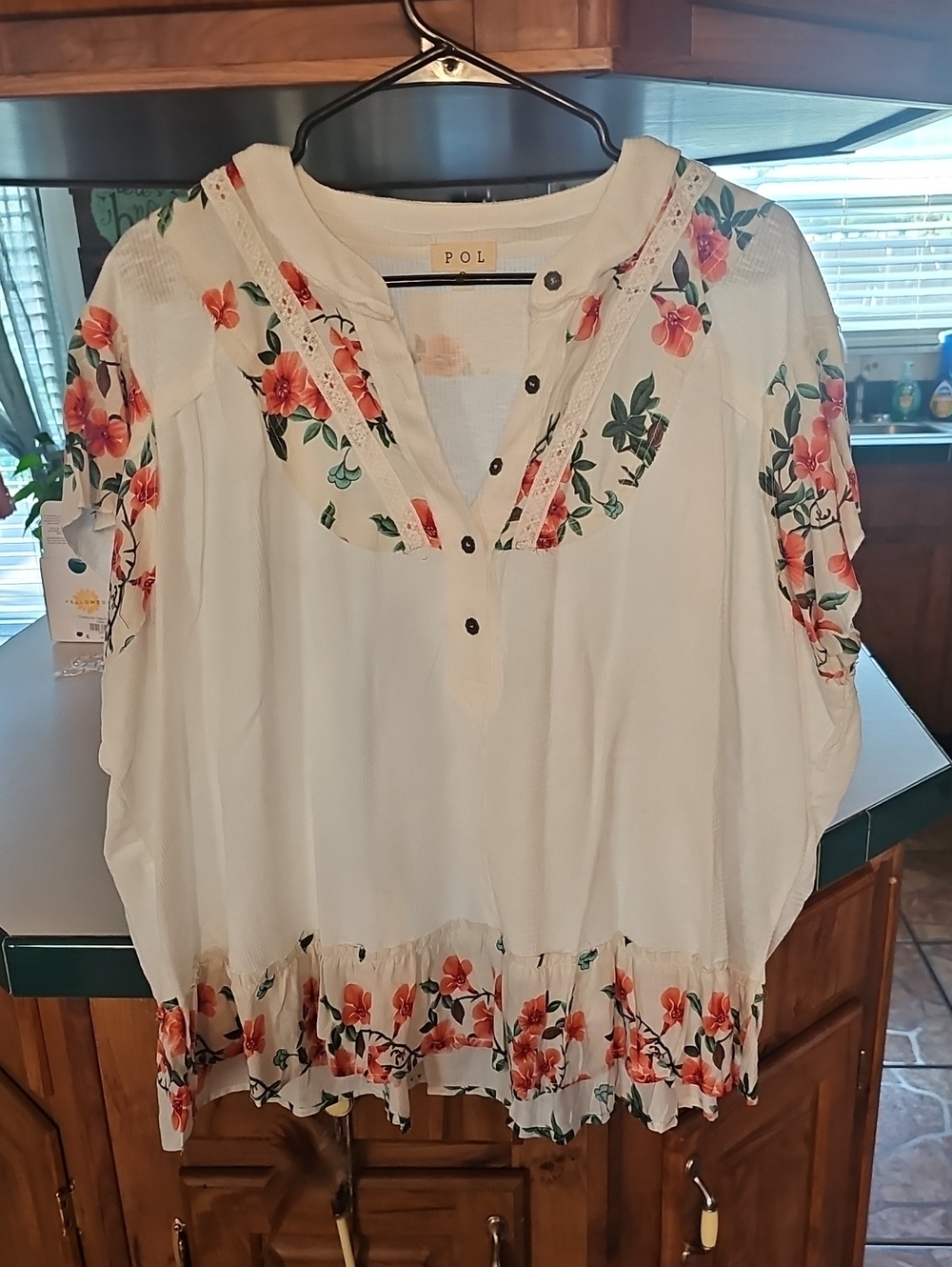 POL White Peasant Tunic with Coral Floral Trim